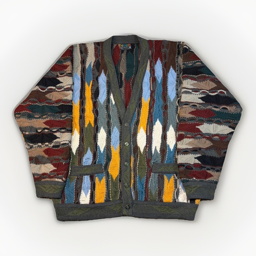 Coogi 3D Knit Wool Sweater Multicolor Size XL Button Cardigan Vintage 90s